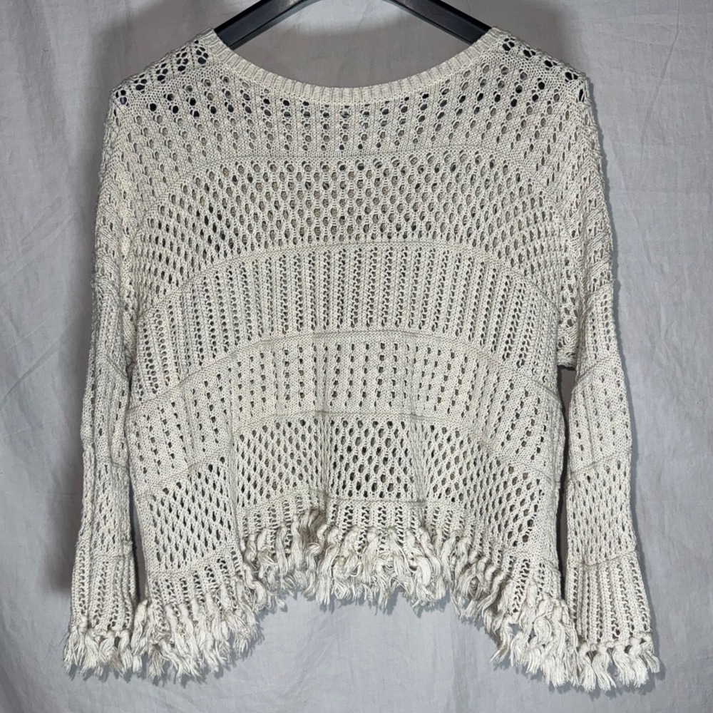 Autumn Cashmere Womens XS Cream 100% Italian Cotton Crochet Fringe Knit Sweater